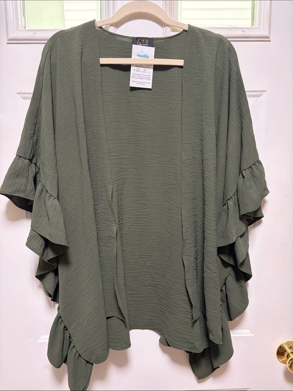 Dark Olive Ruffle-Sleeve Open Front Poncho Shrug